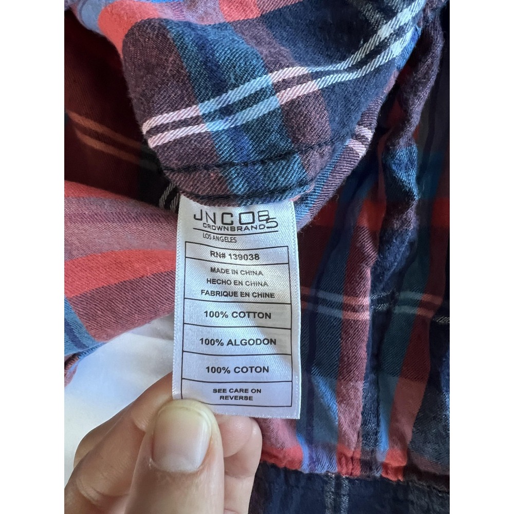 JNCO Shirt Mens 2XL Blue Red Plaid Button Down Flannel Soft Cotton Pocket Casual - Picture 6 of 11